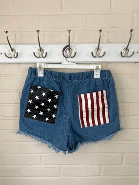 Stretch Drawstring Waist Jean Shorts with Patriotic Pockets | Large